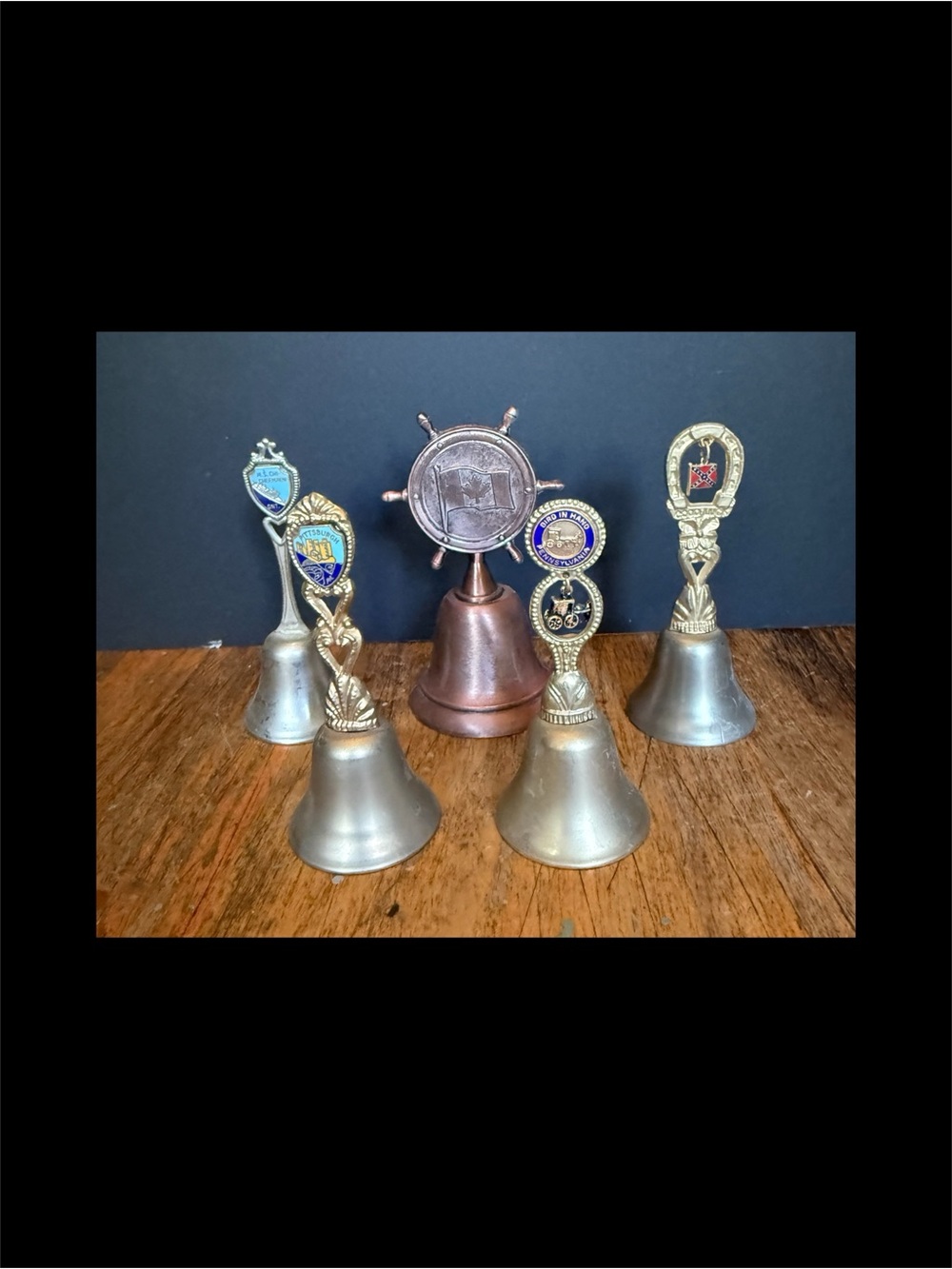 5 Vintage Metal Souvenir Bells Pa, Pittsburgh, Rebel Flag, Canada
